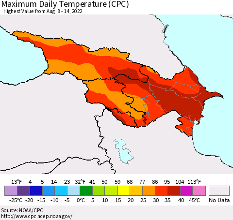 Azerbaijan, Armenia and Georgia Maximum Daily Temperature (CPC) Thematic Map For 8/8/2022 - 8/14/2022