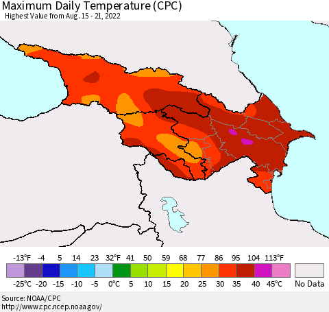 Azerbaijan, Armenia and Georgia Maximum Daily Temperature (CPC) Thematic Map For 8/15/2022 - 8/21/2022