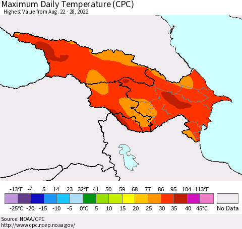 Azerbaijan, Armenia and Georgia Maximum Daily Temperature (CPC) Thematic Map For 8/22/2022 - 8/28/2022