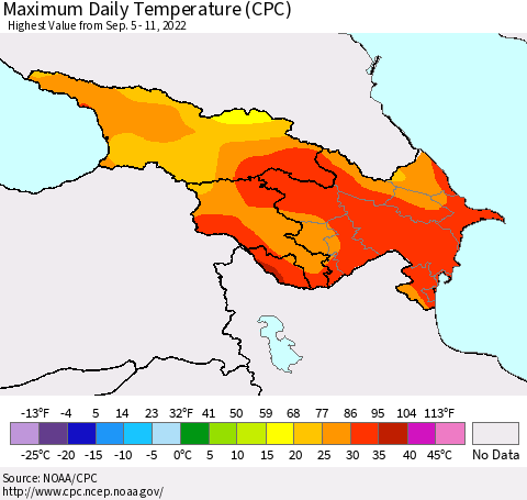 Azerbaijan, Armenia and Georgia Maximum Daily Temperature (CPC) Thematic Map For 9/5/2022 - 9/11/2022