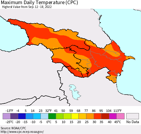 Azerbaijan, Armenia and Georgia Maximum Daily Temperature (CPC) Thematic Map For 9/12/2022 - 9/18/2022
