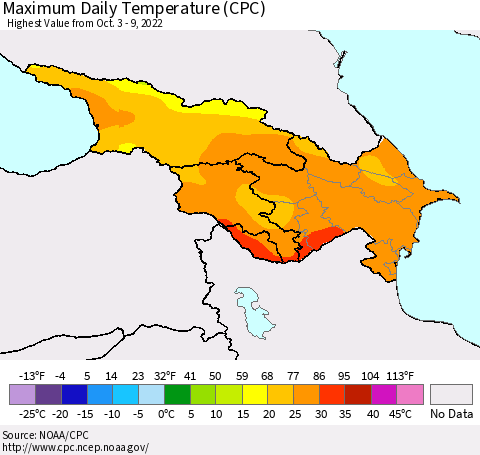 Azerbaijan, Armenia and Georgia Maximum Daily Temperature (CPC) Thematic Map For 10/3/2022 - 10/9/2022