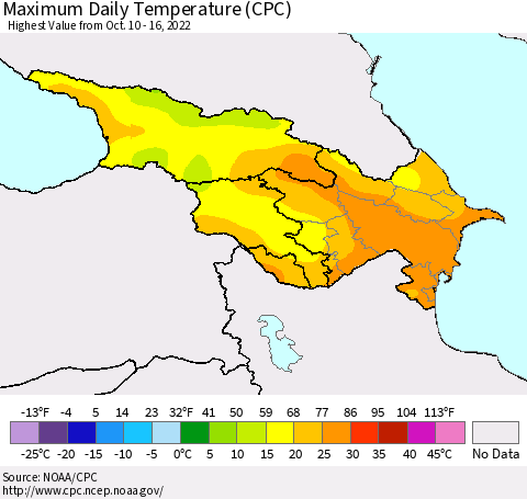 Azerbaijan, Armenia and Georgia Maximum Daily Temperature (CPC) Thematic Map For 10/10/2022 - 10/16/2022