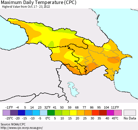 Azerbaijan, Armenia and Georgia Maximum Daily Temperature (CPC) Thematic Map For 10/17/2022 - 10/23/2022