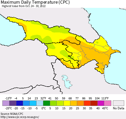 Azerbaijan, Armenia and Georgia Maximum Daily Temperature (CPC) Thematic Map For 10/24/2022 - 10/30/2022