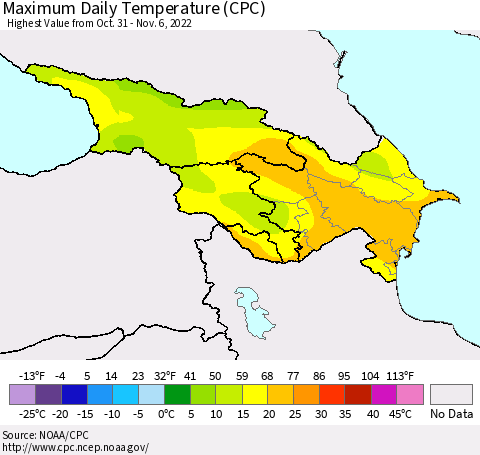 Azerbaijan, Armenia and Georgia Maximum Daily Temperature (CPC) Thematic Map For 10/31/2022 - 11/6/2022