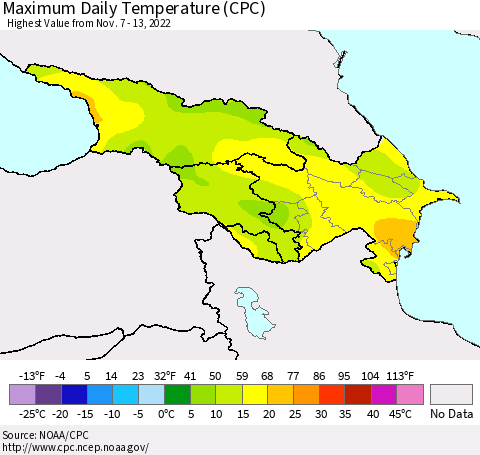 Azerbaijan, Armenia and Georgia Maximum Daily Temperature (CPC) Thematic Map For 11/7/2022 - 11/13/2022