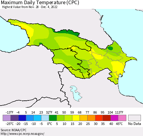 Azerbaijan, Armenia and Georgia Maximum Daily Temperature (CPC) Thematic Map For 11/28/2022 - 12/4/2022