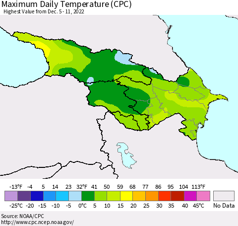 Azerbaijan, Armenia and Georgia Maximum Daily Temperature (CPC) Thematic Map For 12/5/2022 - 12/11/2022