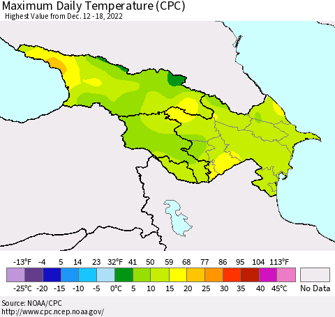 Azerbaijan, Armenia and Georgia Maximum Daily Temperature (CPC) Thematic Map For 12/12/2022 - 12/18/2022
