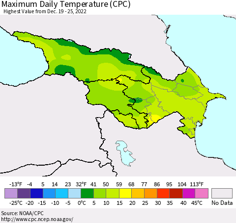 Azerbaijan, Armenia and Georgia Maximum Daily Temperature (CPC) Thematic Map For 12/19/2022 - 12/25/2022