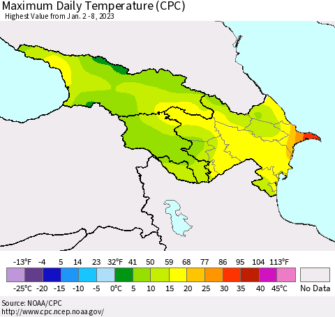 Azerbaijan, Armenia and Georgia Maximum Daily Temperature (CPC) Thematic Map For 1/2/2023 - 1/8/2023