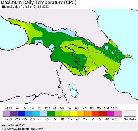 Azerbaijan, Armenia and Georgia Maximum Daily Temperature (CPC) Thematic Map For 1/9/2023 - 1/15/2023