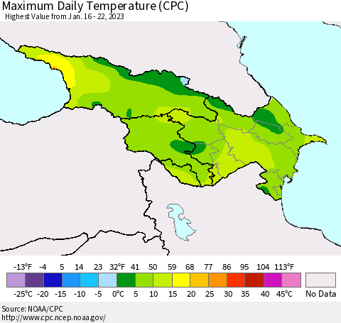 Azerbaijan, Armenia and Georgia Maximum Daily Temperature (CPC) Thematic Map For 1/16/2023 - 1/22/2023