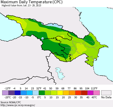 Azerbaijan, Armenia and Georgia Maximum Daily Temperature (CPC) Thematic Map For 1/23/2023 - 1/29/2023