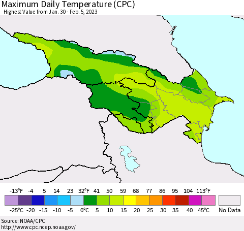 Azerbaijan, Armenia and Georgia Maximum Daily Temperature (CPC) Thematic Map For 1/30/2023 - 2/5/2023