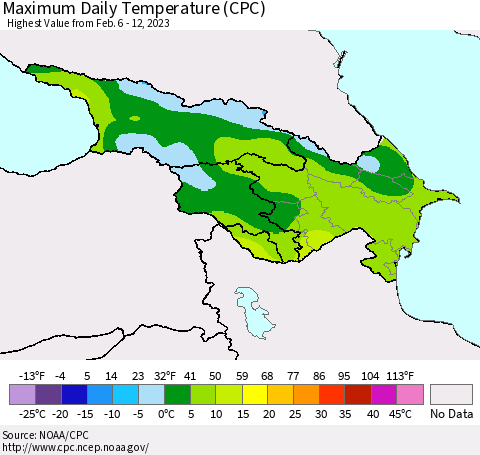 Azerbaijan, Armenia and Georgia Maximum Daily Temperature (CPC) Thematic Map For 2/6/2023 - 2/12/2023
