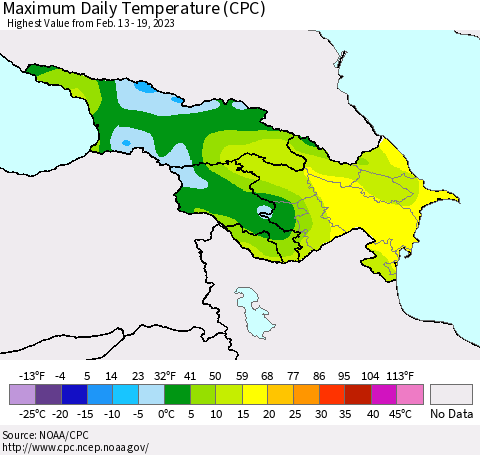 Azerbaijan, Armenia and Georgia Maximum Daily Temperature (CPC) Thematic Map For 2/13/2023 - 2/19/2023