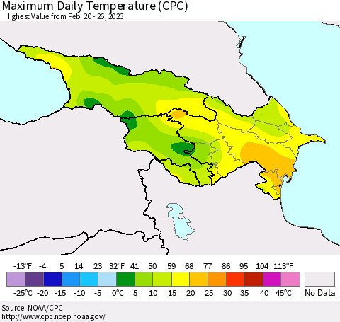 Azerbaijan, Armenia and Georgia Maximum Daily Temperature (CPC) Thematic Map For 2/20/2023 - 2/26/2023