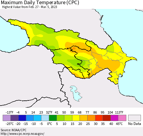 Azerbaijan, Armenia and Georgia Maximum Daily Temperature (CPC) Thematic Map For 2/27/2023 - 3/5/2023