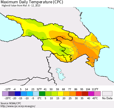 Azerbaijan, Armenia and Georgia Maximum Daily Temperature (CPC) Thematic Map For 3/6/2023 - 3/12/2023