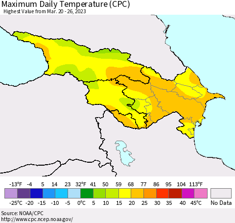 Azerbaijan, Armenia and Georgia Maximum Daily Temperature (CPC) Thematic Map For 3/20/2023 - 3/26/2023