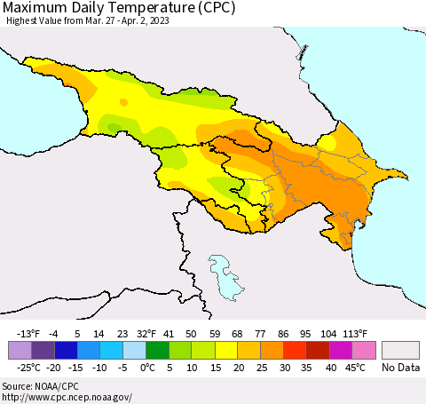 Azerbaijan, Armenia and Georgia Maximum Daily Temperature (CPC) Thematic Map For 3/27/2023 - 4/2/2023