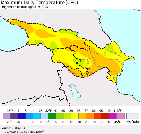 Azerbaijan, Armenia and Georgia Maximum Daily Temperature (CPC) Thematic Map For 4/3/2023 - 4/9/2023