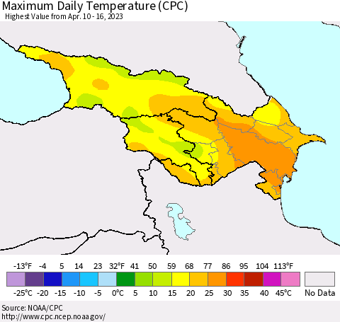 Azerbaijan, Armenia and Georgia Maximum Daily Temperature (CPC) Thematic Map For 4/10/2023 - 4/16/2023