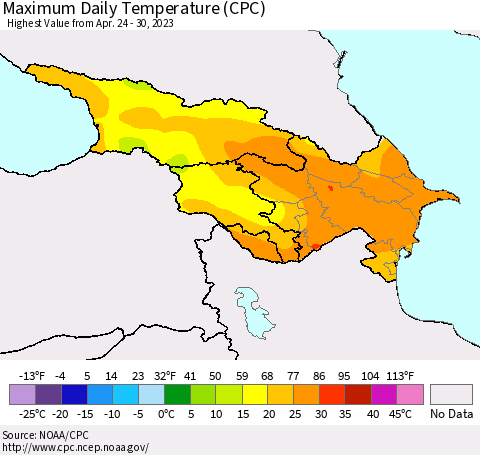 Azerbaijan, Armenia and Georgia Maximum Daily Temperature (CPC) Thematic Map For 4/24/2023 - 4/30/2023