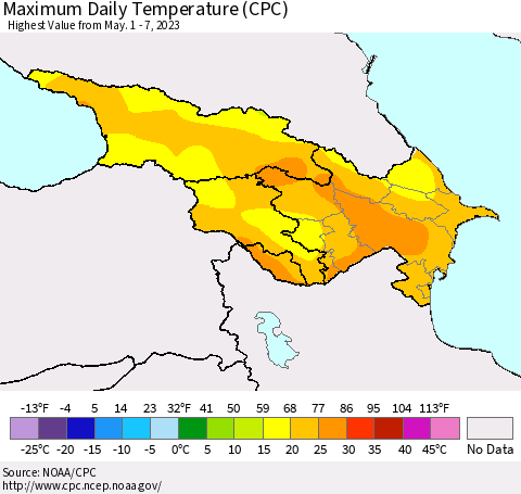 Azerbaijan, Armenia and Georgia Maximum Daily Temperature (CPC) Thematic Map For 5/1/2023 - 5/7/2023