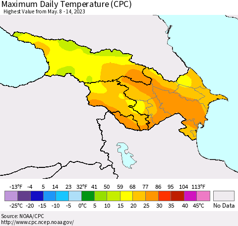 Azerbaijan, Armenia and Georgia Maximum Daily Temperature (CPC) Thematic Map For 5/8/2023 - 5/14/2023