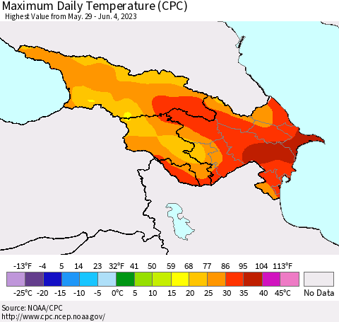 Azerbaijan, Armenia and Georgia Maximum Daily Temperature (CPC) Thematic Map For 5/29/2023 - 6/4/2023