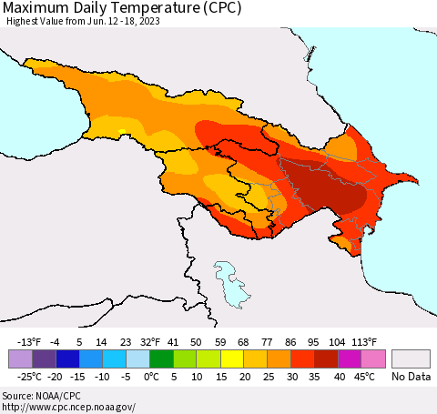 Azerbaijan, Armenia and Georgia Maximum Daily Temperature (CPC) Thematic Map For 6/12/2023 - 6/18/2023