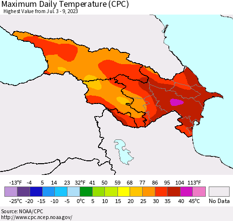 Azerbaijan, Armenia and Georgia Maximum Daily Temperature (CPC) Thematic Map For 7/3/2023 - 7/9/2023
