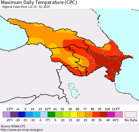 Azerbaijan, Armenia and Georgia Maximum Daily Temperature (CPC) Thematic Map For 7/10/2023 - 7/16/2023