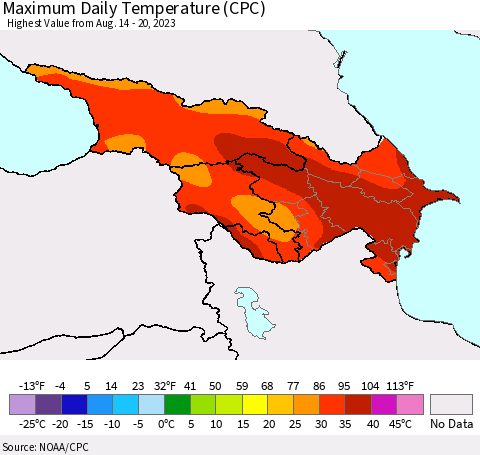 Azerbaijan, Armenia and Georgia Maximum Daily Temperature (CPC) Thematic Map For 8/14/2023 - 8/20/2023