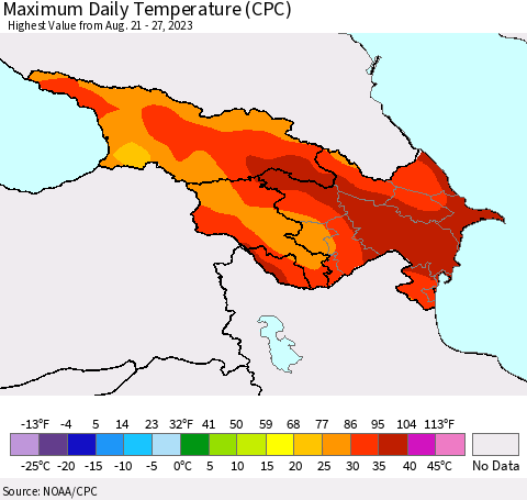 Azerbaijan, Armenia and Georgia Maximum Daily Temperature (CPC) Thematic Map For 8/21/2023 - 8/27/2023