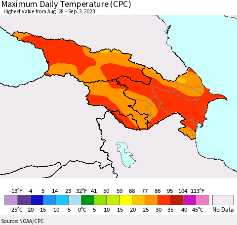 Azerbaijan, Armenia and Georgia Maximum Daily Temperature (CPC) Thematic Map For 8/28/2023 - 9/3/2023