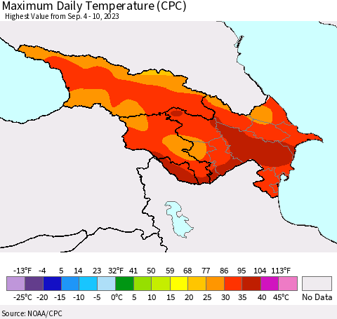 Azerbaijan, Armenia and Georgia Maximum Daily Temperature (CPC) Thematic Map For 9/4/2023 - 9/10/2023