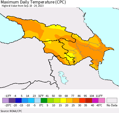 Azerbaijan, Armenia and Georgia Maximum Daily Temperature (CPC) Thematic Map For 9/18/2023 - 9/24/2023