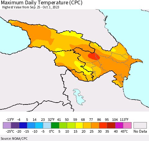 Azerbaijan, Armenia and Georgia Maximum Daily Temperature (CPC) Thematic Map For 9/25/2023 - 10/1/2023