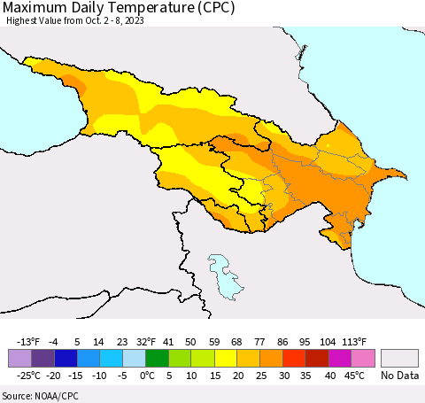 Azerbaijan, Armenia and Georgia Maximum Daily Temperature (CPC) Thematic Map For 10/2/2023 - 10/8/2023