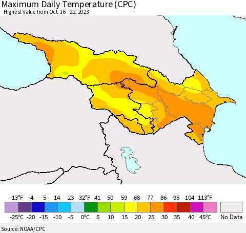Azerbaijan, Armenia and Georgia Maximum Daily Temperature (CPC) Thematic Map For 10/16/2023 - 10/22/2023
