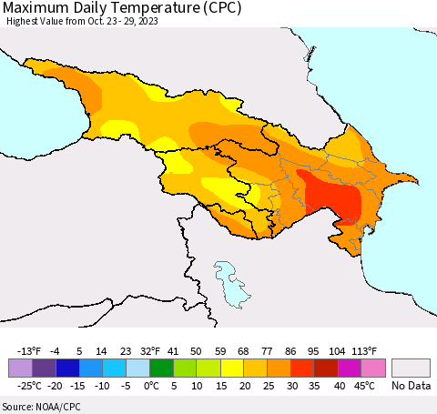 Azerbaijan, Armenia and Georgia Maximum Daily Temperature (CPC) Thematic Map For 10/23/2023 - 10/29/2023