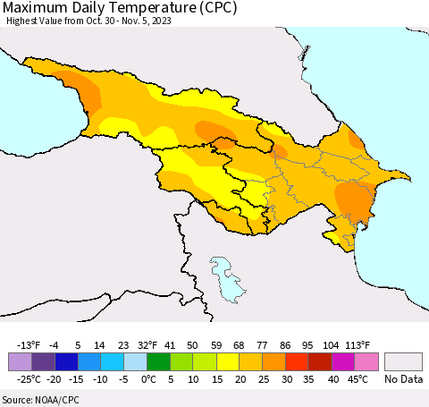 Azerbaijan, Armenia and Georgia Maximum Daily Temperature (CPC) Thematic Map For 10/30/2023 - 11/5/2023