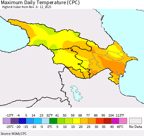 Azerbaijan, Armenia and Georgia Maximum Daily Temperature (CPC) Thematic Map For 11/6/2023 - 11/12/2023