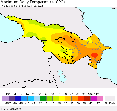 Azerbaijan, Armenia and Georgia Maximum Daily Temperature (CPC) Thematic Map For 11/13/2023 - 11/19/2023
