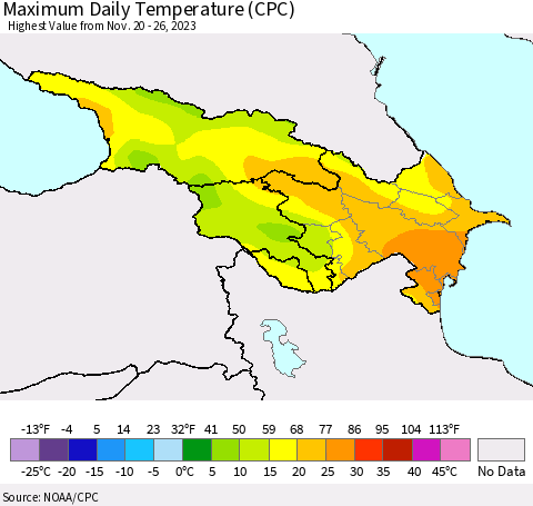 Azerbaijan, Armenia and Georgia Maximum Daily Temperature (CPC) Thematic Map For 11/20/2023 - 11/26/2023