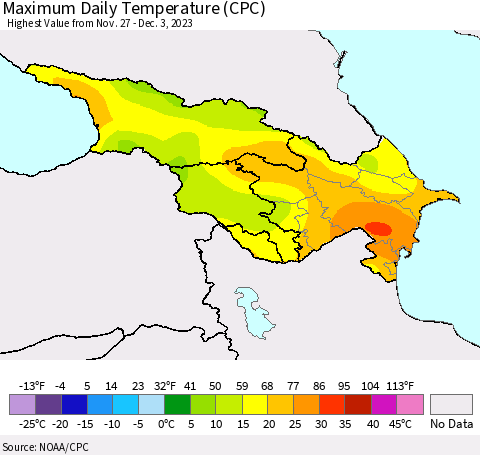 Azerbaijan, Armenia and Georgia Maximum Daily Temperature (CPC) Thematic Map For 11/27/2023 - 12/3/2023